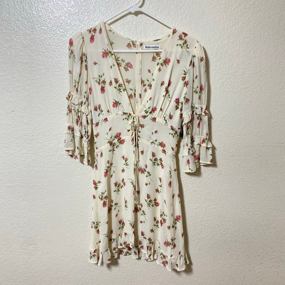 Reformation Laurelei Rose‎ Floral V Neck Mini Dress Size 2 Tiered Ruffle Sleeve